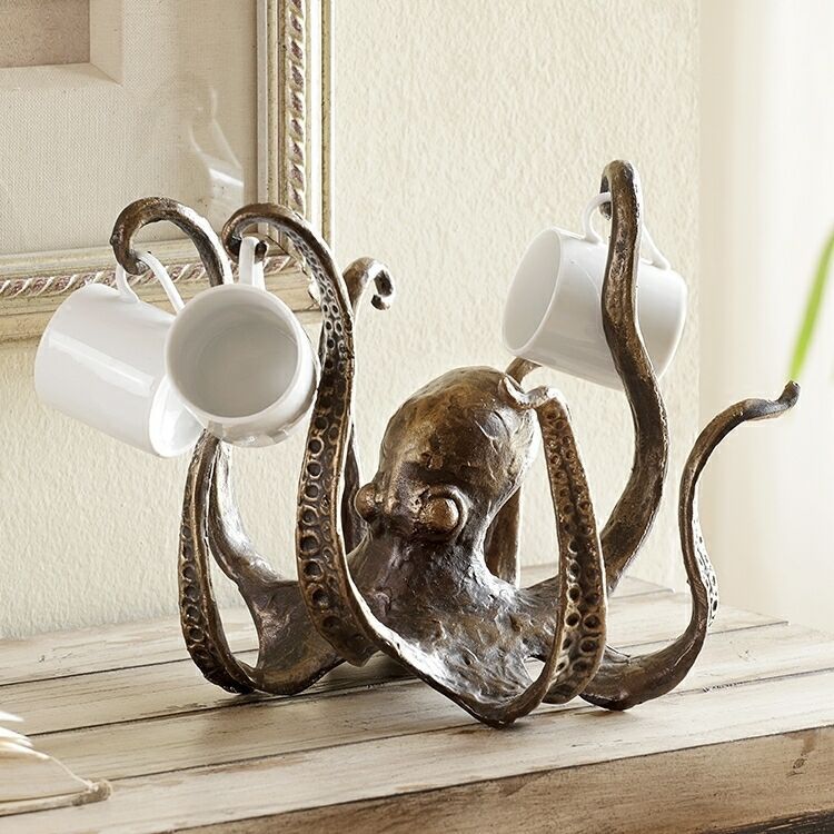 Gold Vintage Bronze Octopus Mug Holder - Decorative Resin Statue & Countertop Cup Rack