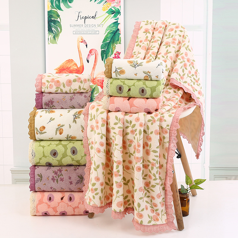 Pink Vintage Floral Lace Trim Towel Set - Ultra Soft Absorbent Coral Fleece Bath & Face Towel
