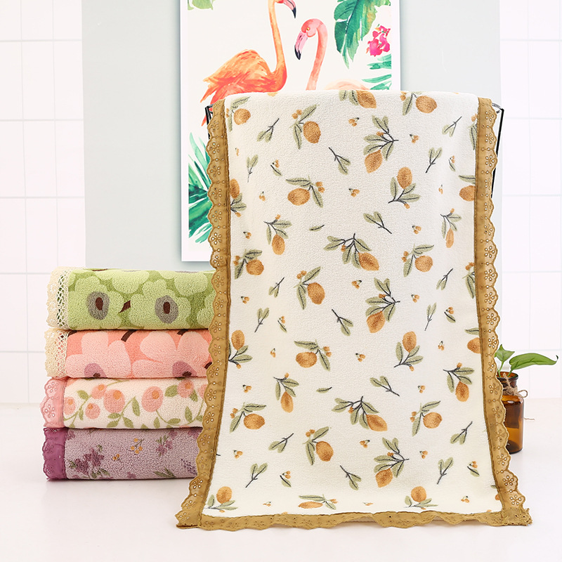 Pink Vintage Floral Lace Trim Towel Set - Ultra Soft Absorbent Coral Fleece Bath & Face Towel
