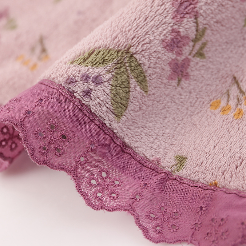 Pink Vintage Floral Lace Trim Towel Set - Ultra Soft Absorbent Coral Fleece Bath & Face Towel