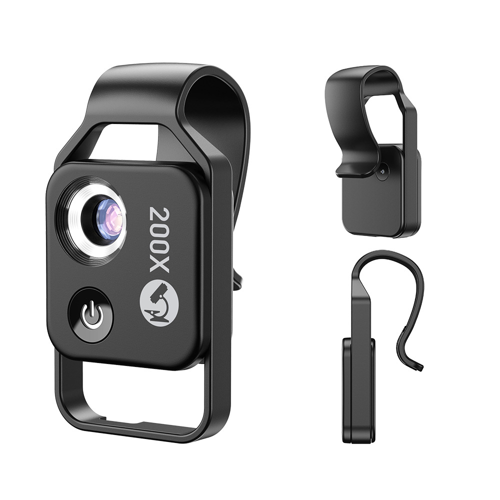 Black Portable 200X Clip-On Microscope Lens for Smartphone - HD Pocket Magnifier with CPL Filter and LED Light(excluding mobile phones)