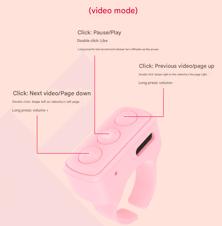 Bluetooth Video Controller 3-Button Remote Compact Pink for TikTok Scrolling