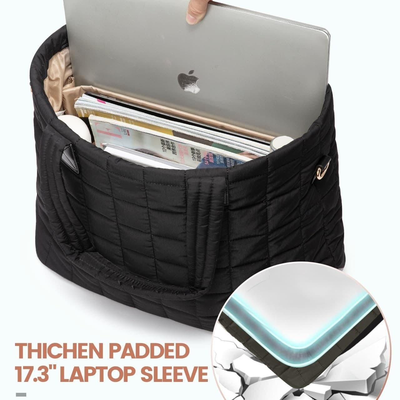 Large Capacity Tote Bag Quilted Design 17.3 Inch Laptop Sleeve Black