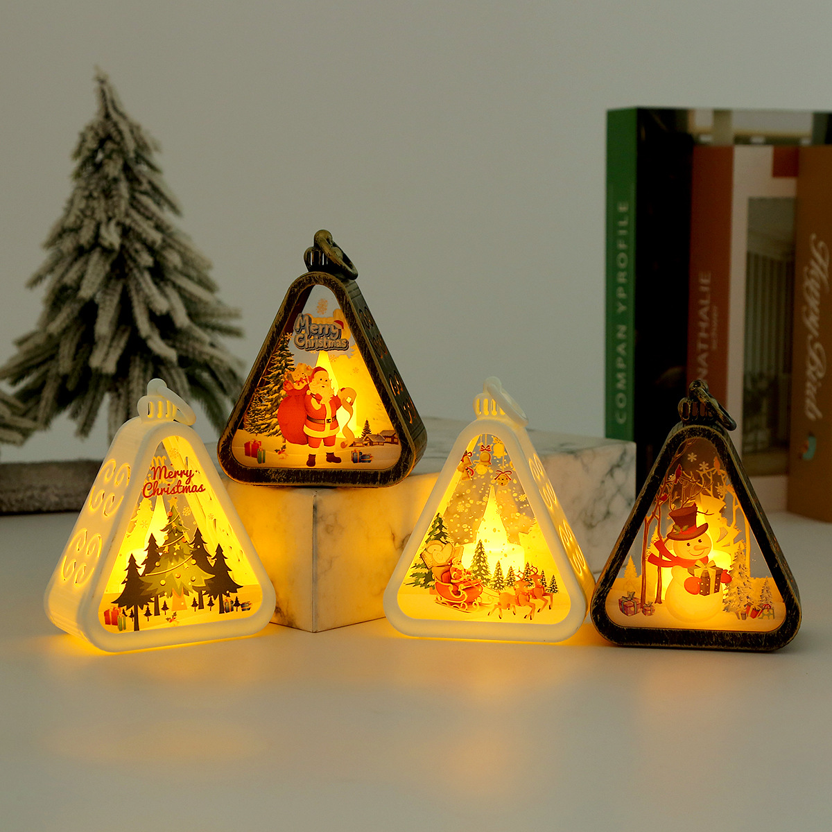 Bronze color Christmas tree Charming Christmas Scene Mini Lanterns (Set of 3) - Battery Operated LED Lights for a Cozy Holiday Glow
