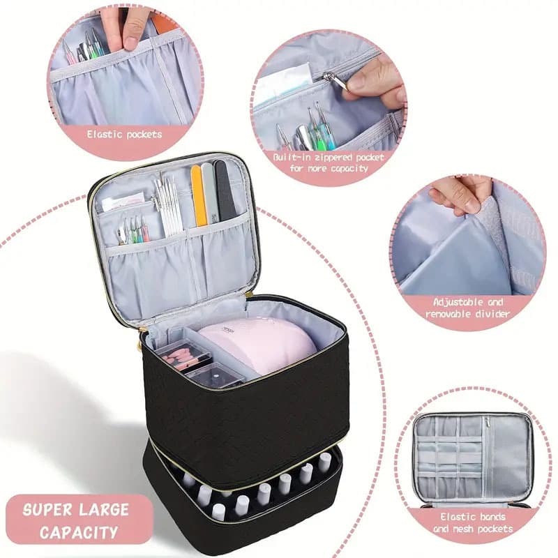 Nail Polish Organizer Case Double-Layer Storage Bag for 30 Bottles Pink