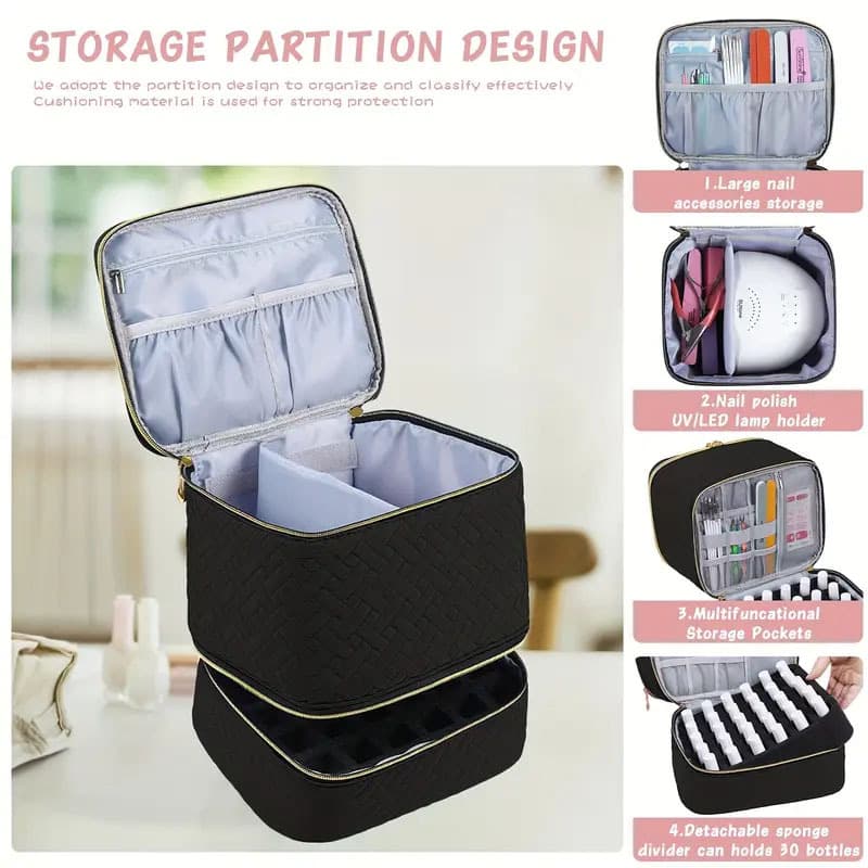 Nail Polish Organizer Case Double-Layer Storage Bag for 30 Bottles Pink