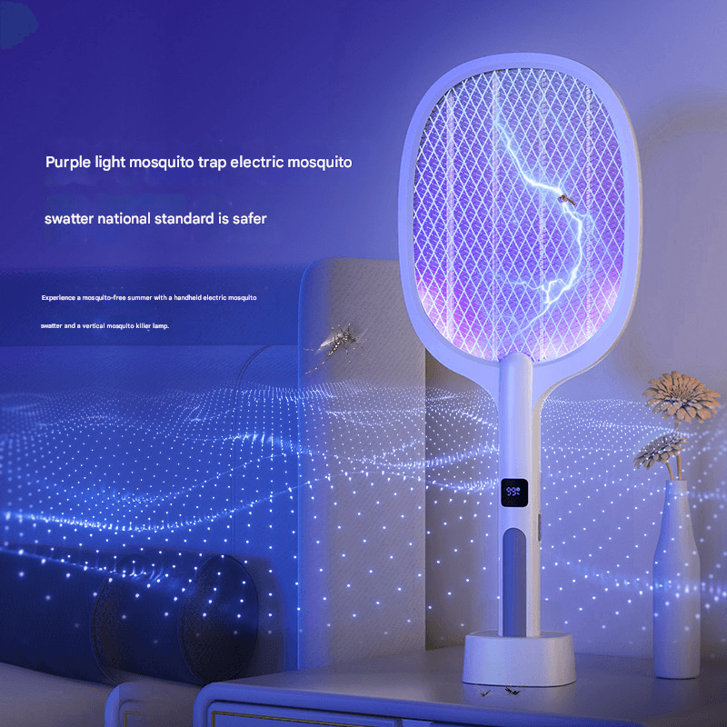 Electric Bug Zapper Racket 2-in-1 Rechargeable UV Mosquito Lamp White