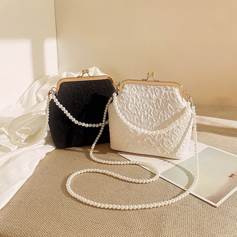 White Elegant Vintage Kiss-Lock Purse with Pearl Straps - Textured Frame Clutch Bag