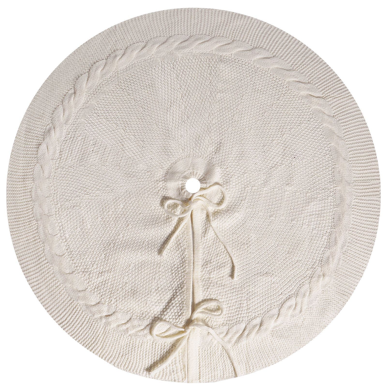White Luxury Knit Christmas Tree Skirt with Cable-Knit Border - Rustic Holiday Decor(62cm)