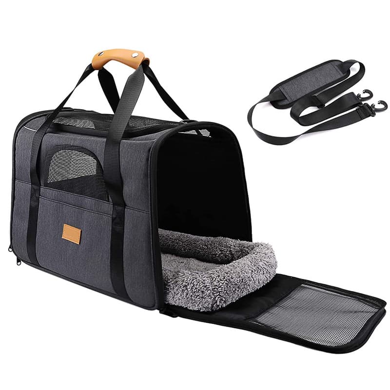 Soft-Sided Pet Carrier Foldable for Travel Fits Cats and Small Dogs Under 6kg Removable Plush Bed Black