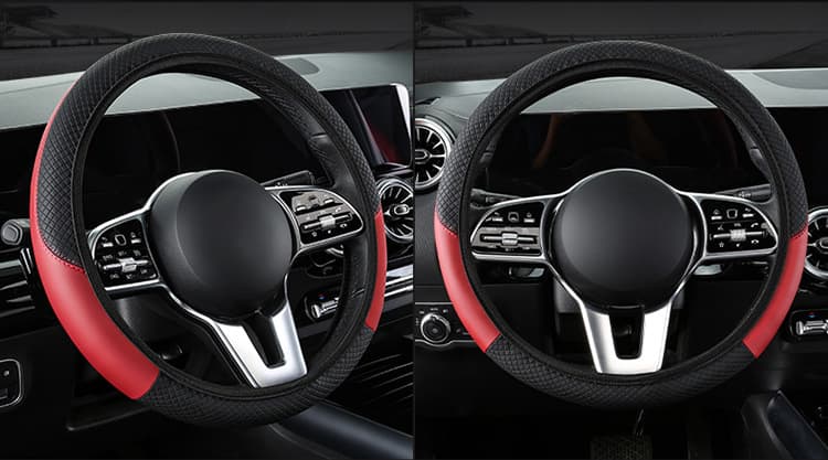 Steering Wheel Cover Carbon Fiber Leather 38cm Red and Black 2-Pack Easy-Fit Elastic Grip