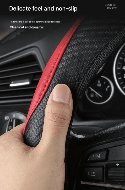Steering Wheel Cover Carbon Fiber Leather 38cm Red and Black 2-Pack Easy-Fit Elastic Grip