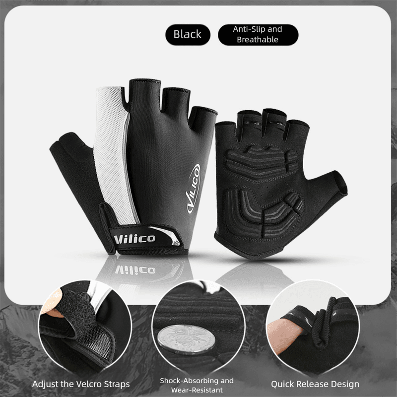 Size M Black Padded Half-Finger Cycling Gloves - Breathable Shock-Absorbing Workout Gloves for Gym & Fitness