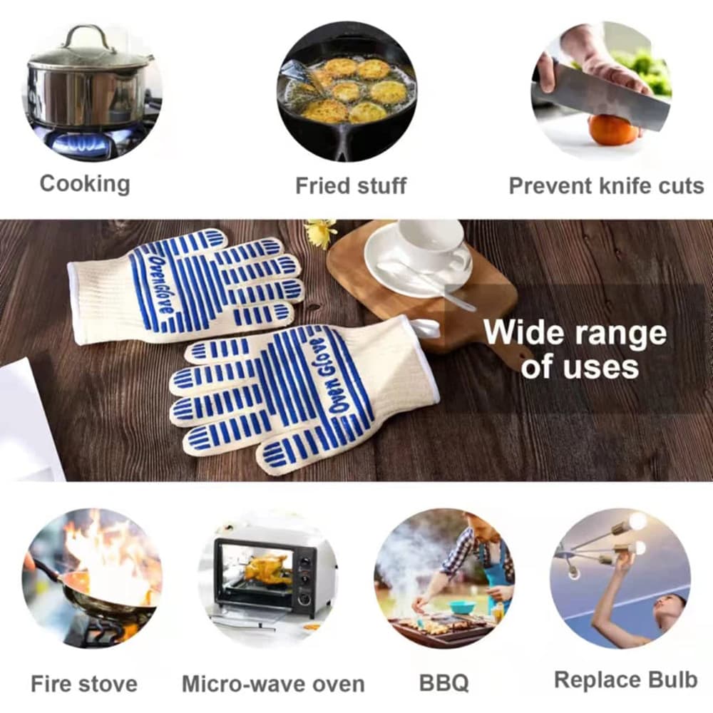 BBQ Gloves Extreme Heat Resistant Non-Slip Silicone Grip Blue and White