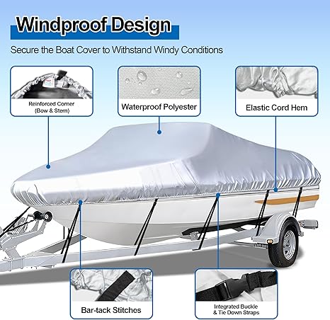 Grey Heavy Duty Waterproof Tarp Covers with Storage Bag, Fits V-Hull, Fish&Ski, Pro-Style, Fishing, Runabout, Bass Boats, 20-22FT(700cm*320cm)