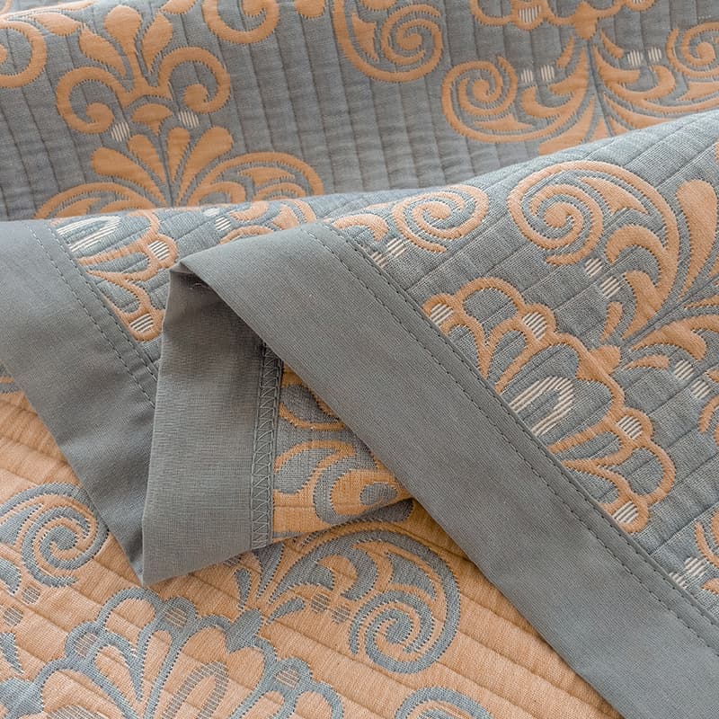 Cotton Three-Layer Gauze Bed Cover Set Reversible Vintage Printed Blanket 200cm x 230cm Grey and Green with Two Pillowcases