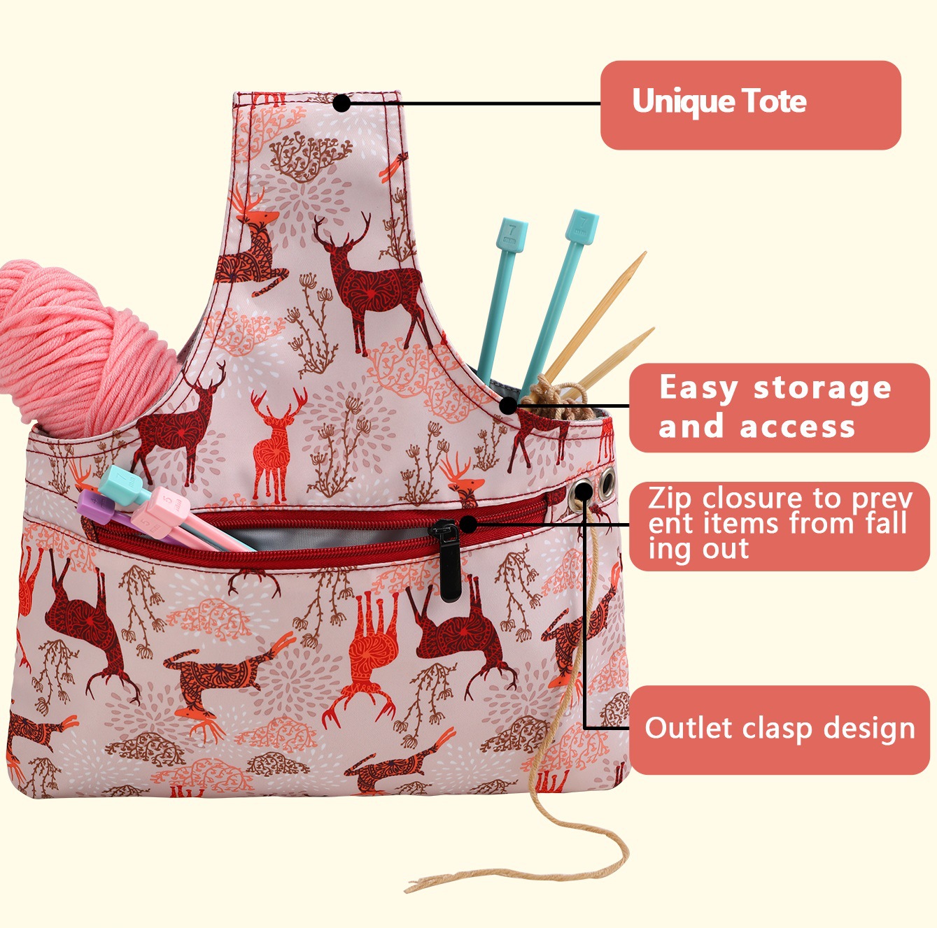 Pink Knitting Storage Tote Bag – Deer Pattern Craft Organizer with Zippered Pockets