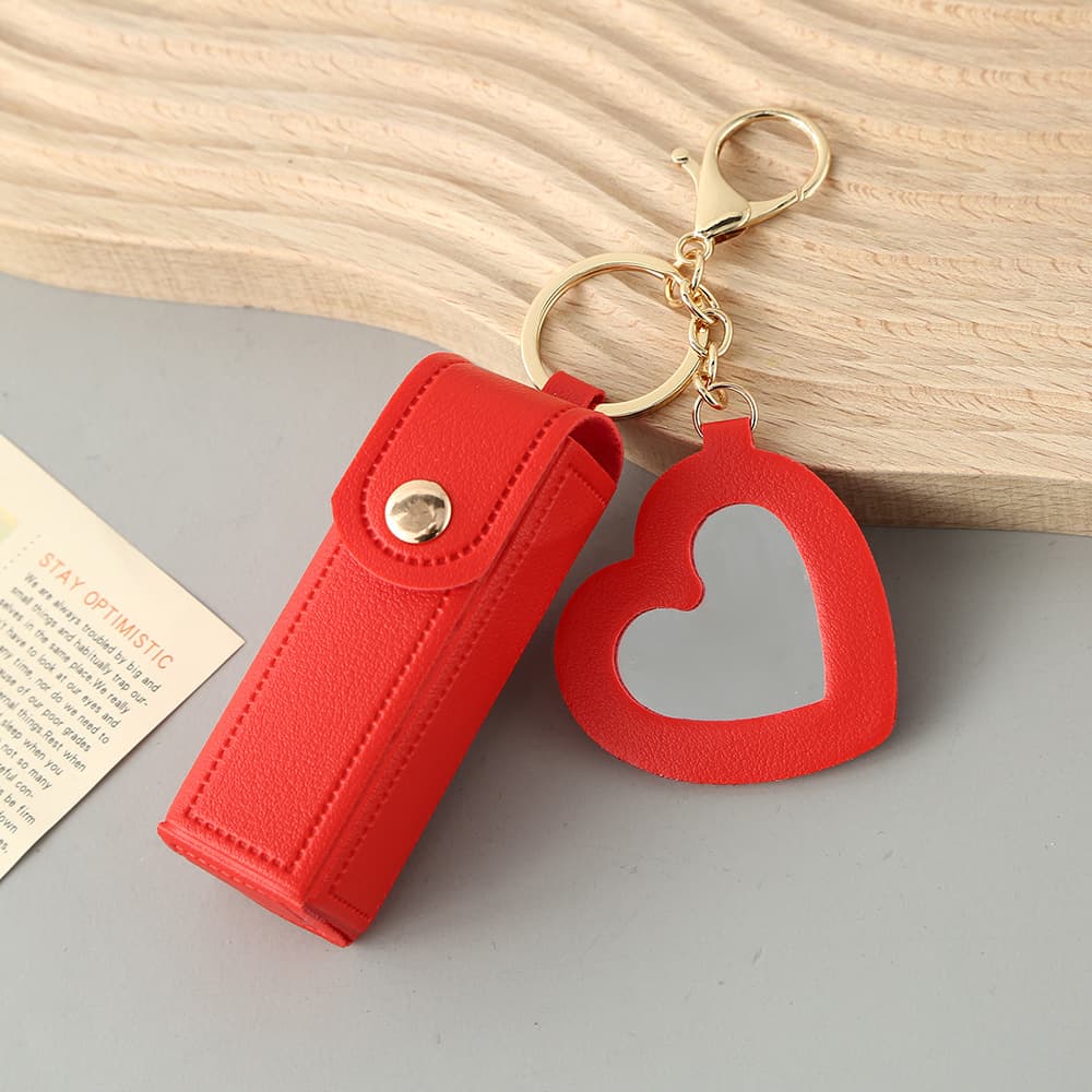 Lipstick Holder Portable PU Leather Case with Heart Mirror Keychain 3 Piece Set