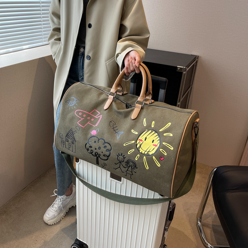 Large Capacity Canvas Travel Duffel Bag with Doodle Print - Weekend & Gym Tote(Green)