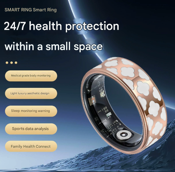 12# Striped Gold Smart Health Ring Tracker with Wireless Charging Case - Titanium Steel Fitness Wearable for Heart Rate, Sleep & Blood Oxygen Monitoring - Waterproof Wellness Device