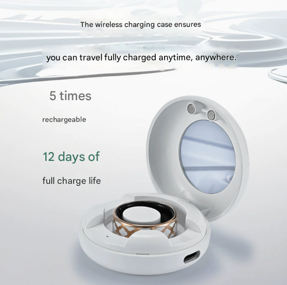 12# Striped Gold Smart Health Ring Tracker with Wireless Charging Case - Titanium Steel Fitness Wearable for Heart Rate, Sleep & Blood Oxygen Monitoring - Waterproof Wellness Device