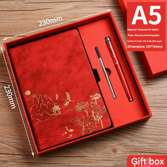 Black A5 Premium Notebook Gift Set with Pen - PU Leather Journal with Gold Oriental Art - 200 Pages Business Diary & Corporate Gift Box (Lotus & Crane Design)