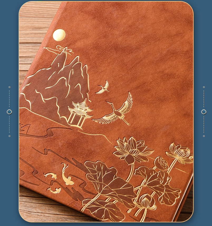 Black A5 Premium Notebook Gift Set with Pen - PU Leather Journal with Gold Oriental Art - 200 Pages Business Diary & Corporate Gift Box (Lotus & Crane Design)