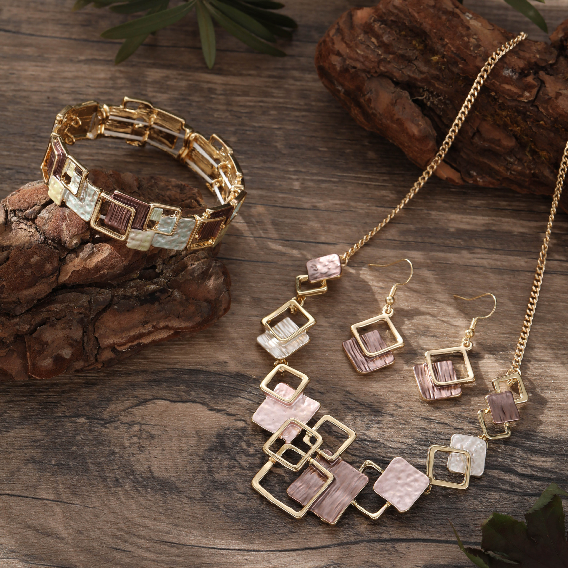Geometric Inlay Earrings Necklace Bracelet Jewelry Set × 2 – Peacock Green & Brown