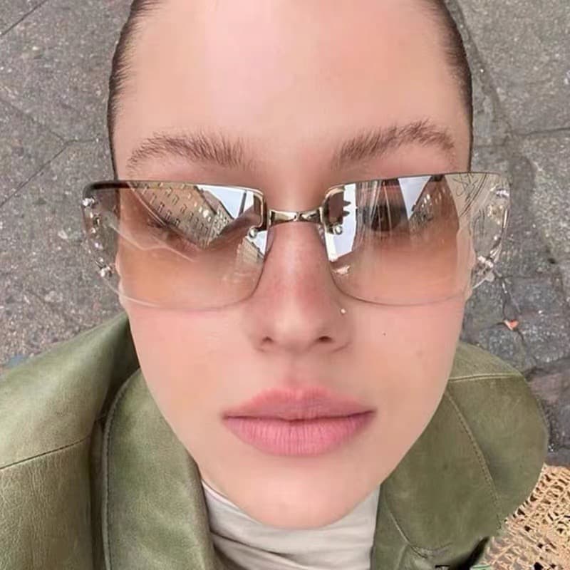 Rimless Butterfly Sunglasses UV400 Protection Bling Rhinestone Oversized Frameless White Silver Mirror