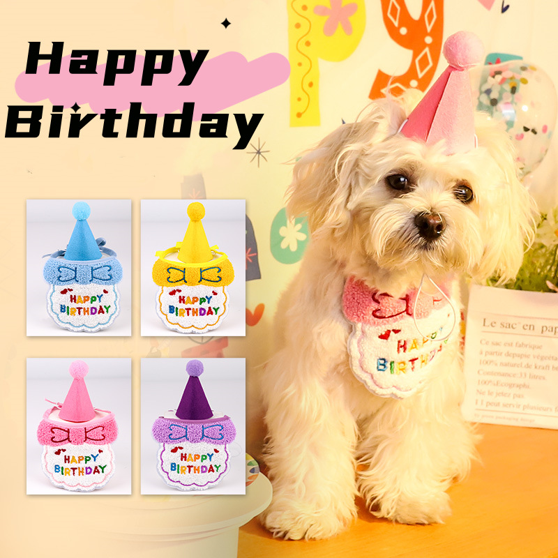 4-Pack Adorable Pet Dog Cat Birthday Party Hat & Bib Set(Green & Red) - Embroidered Bandana Bib & Felt Party Hat, Adjustable Tie-On Dress-Up Accessories