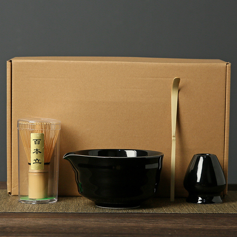 Black Complete Matcha Tea Ceremony Set - 4-Piece Japanese Traditional Whisk, Bowl, Whisk Holder & Scoop for Authentic Preparation at Home