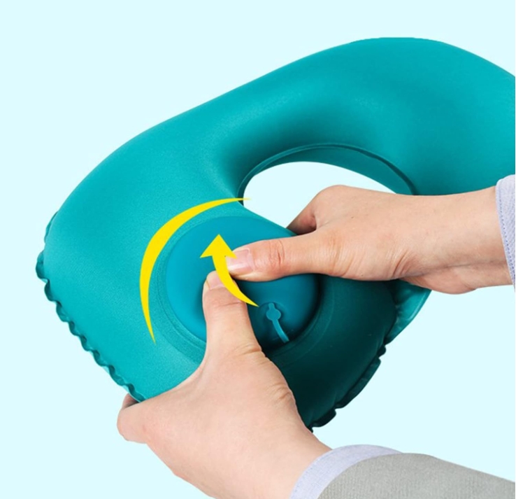 2-PCS Medium blue Inflatable Travel Neck Pillow Press to Inflate U-Shape Soft Flocking Support Cushion for Airplane Car & Camping Portable Air Pump Design