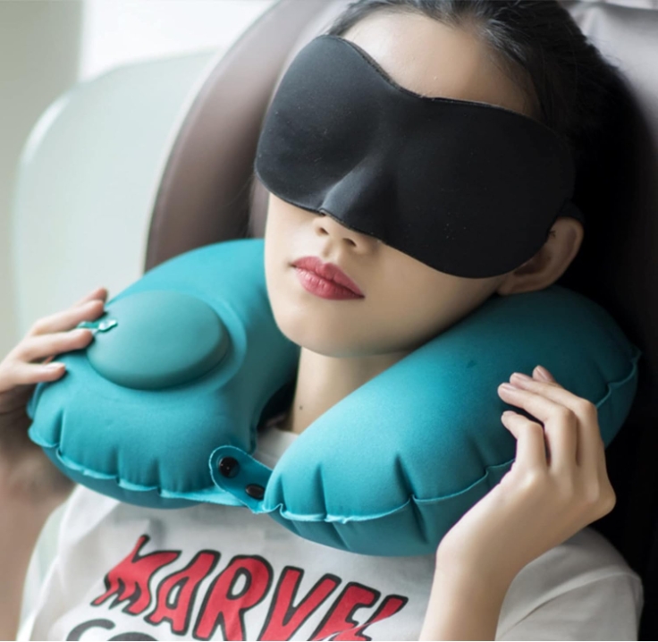 2-PCS Medium blue Inflatable Travel Neck Pillow Press to Inflate U-Shape Soft Flocking Support Cushion for Airplane Car & Camping Portable Air Pump Design