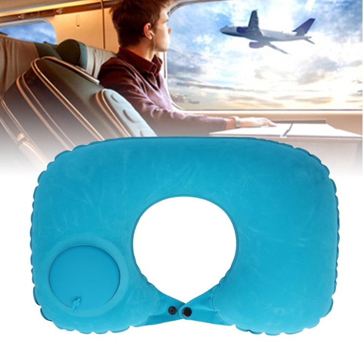 2-PCS Medium blue Inflatable Travel Neck Pillow Press to Inflate U-Shape Soft Flocking Support Cushion for Airplane Car & Camping Portable Air Pump Design