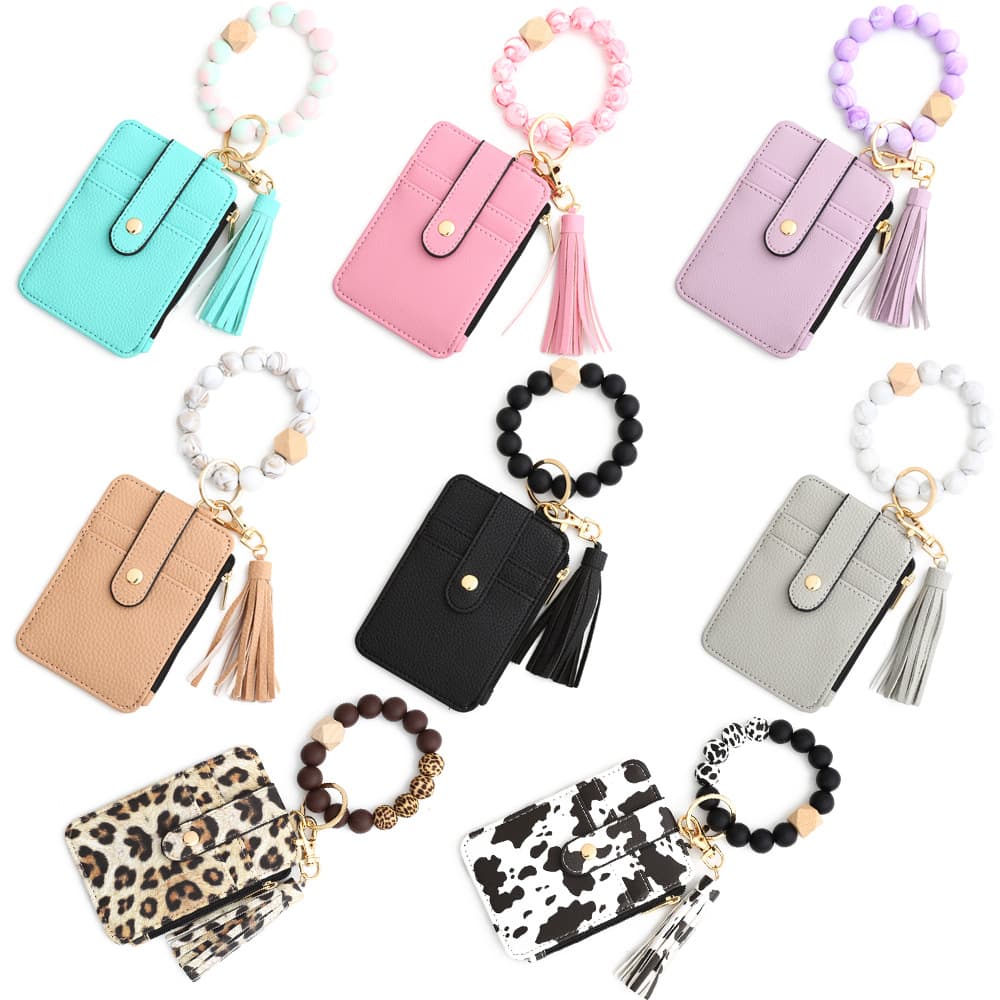 2-PCS Silicone Bead Keychain Bracelet Wallet ID Card Holder with Tassel for Women Pink
