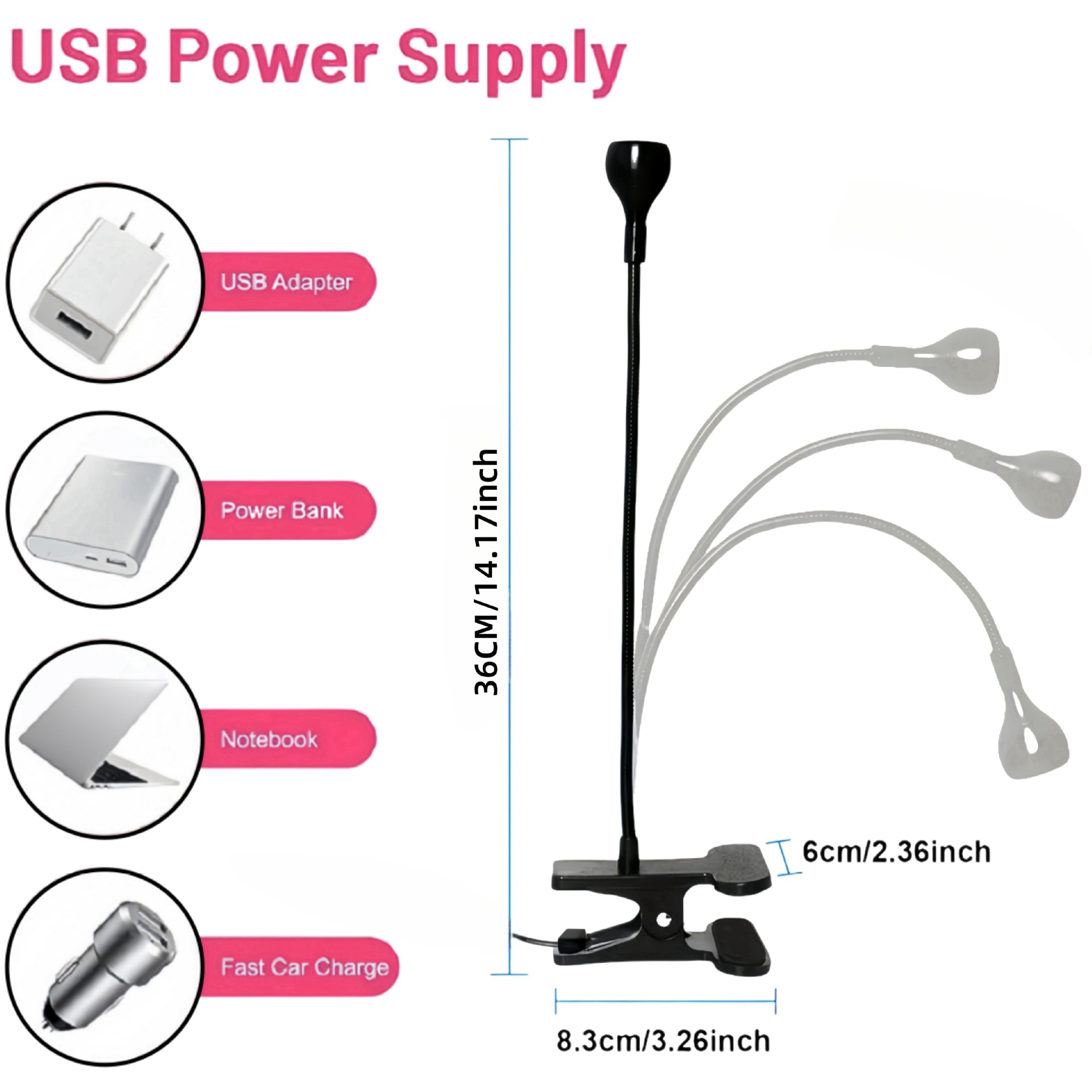 Black 3W UV LED Gel Nail Curing Lamp Clip On Flexible Gooseneck Light 4 Brightness Levels for Gel Polish and Resin Curing