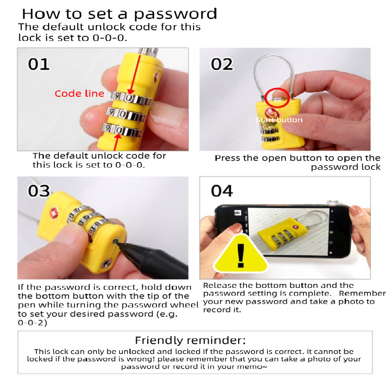 Yellow TSA Approved Cable Combination Padlock 3-Digit Security Lock for Travel Luggage Suitcase Gym Lockers Durable Steel Wire Australian Travel Essential