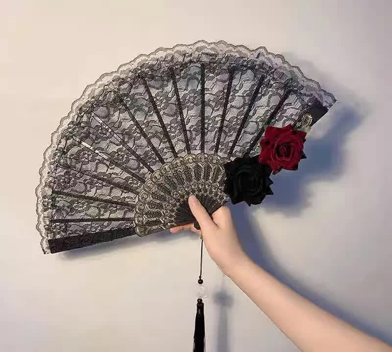 Double Rose Obscur Vintage Lace Folding Fans 2 Pack Gothic Palace Style with Rose Cross Tassels