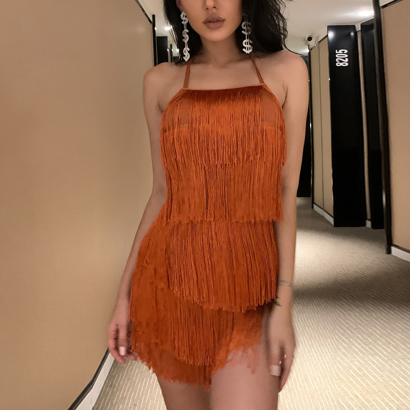 Women's Halter Neck Tassel Playsuit Sexy Backless Tiered Fringe Romper Coffee brown for Summer Festivals and Parties L