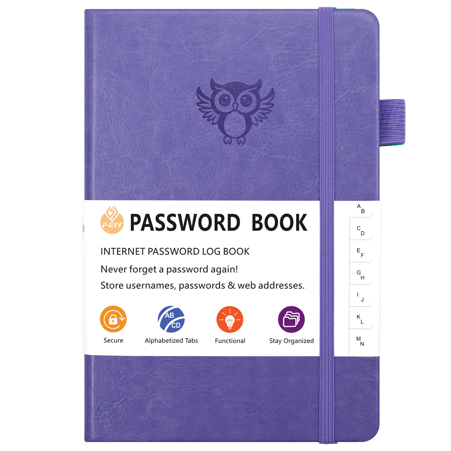 Light purple Password Log Book with Alphabetical Tabs Internet Address Organizer Small PU Leather Notebook with Owl Design Pen Holder and Inner Pocket Ideal for Home and Office