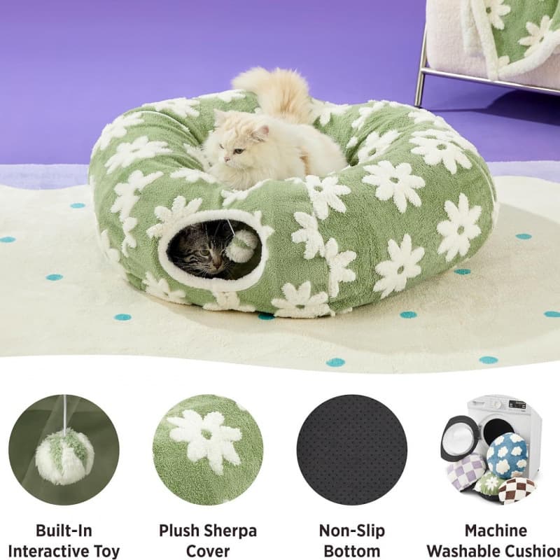 2-in-1 Cat Tunnel Bed Blue Daisy 80cm Plush Donut Pet Cave Interactive Hanging Toy