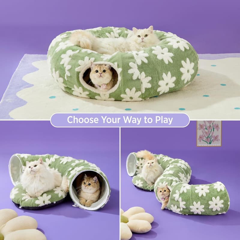 2-in-1 Cat Tunnel Bed Blue Daisy 80cm Plush Donut Pet Cave Interactive Hanging Toy