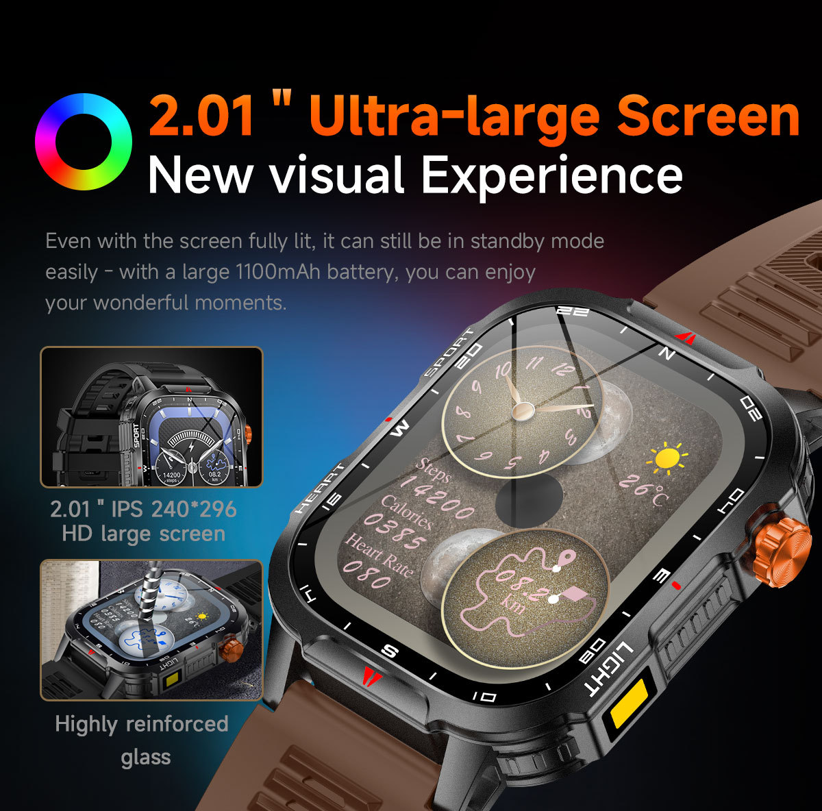 Rugged Outdoor Smart Watch for Men - 1100mAh Extra Long Battery with LED Flashlight & Compass - 2.01" HD Screen Bluetooth Calling IP68 Waterproof Fitness Tracker - Black