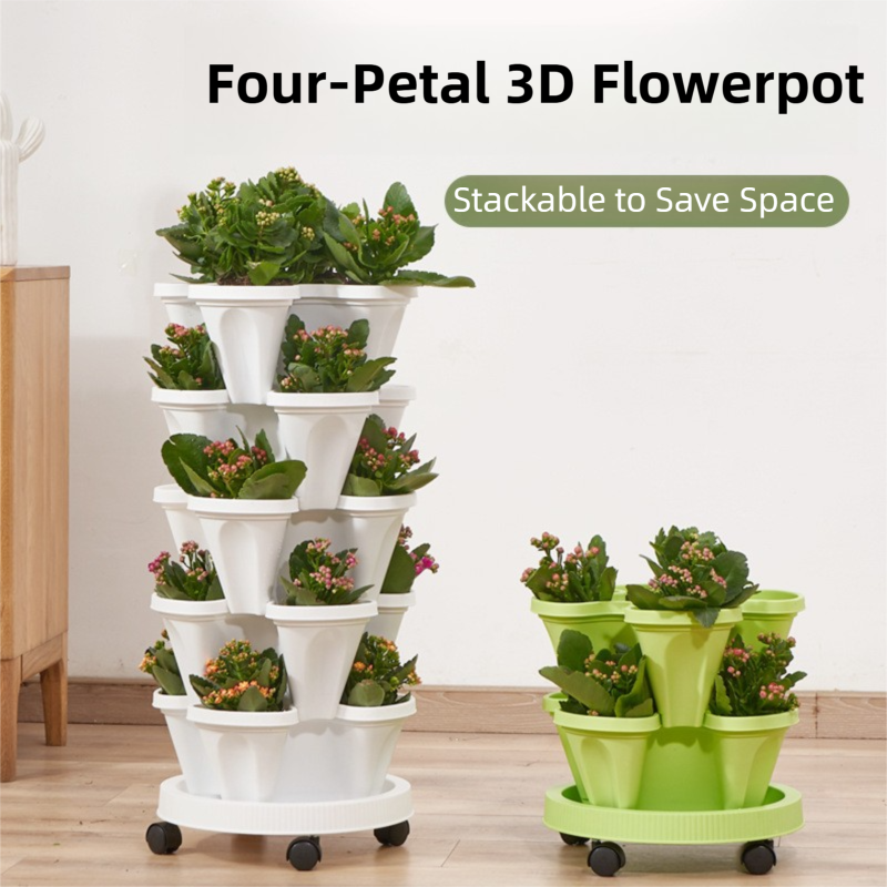 Red 3-Tier Stackable Strawberry & Vegetable Planter with Mobile Wheel Tray - Space-Saving Vertical Gardening System