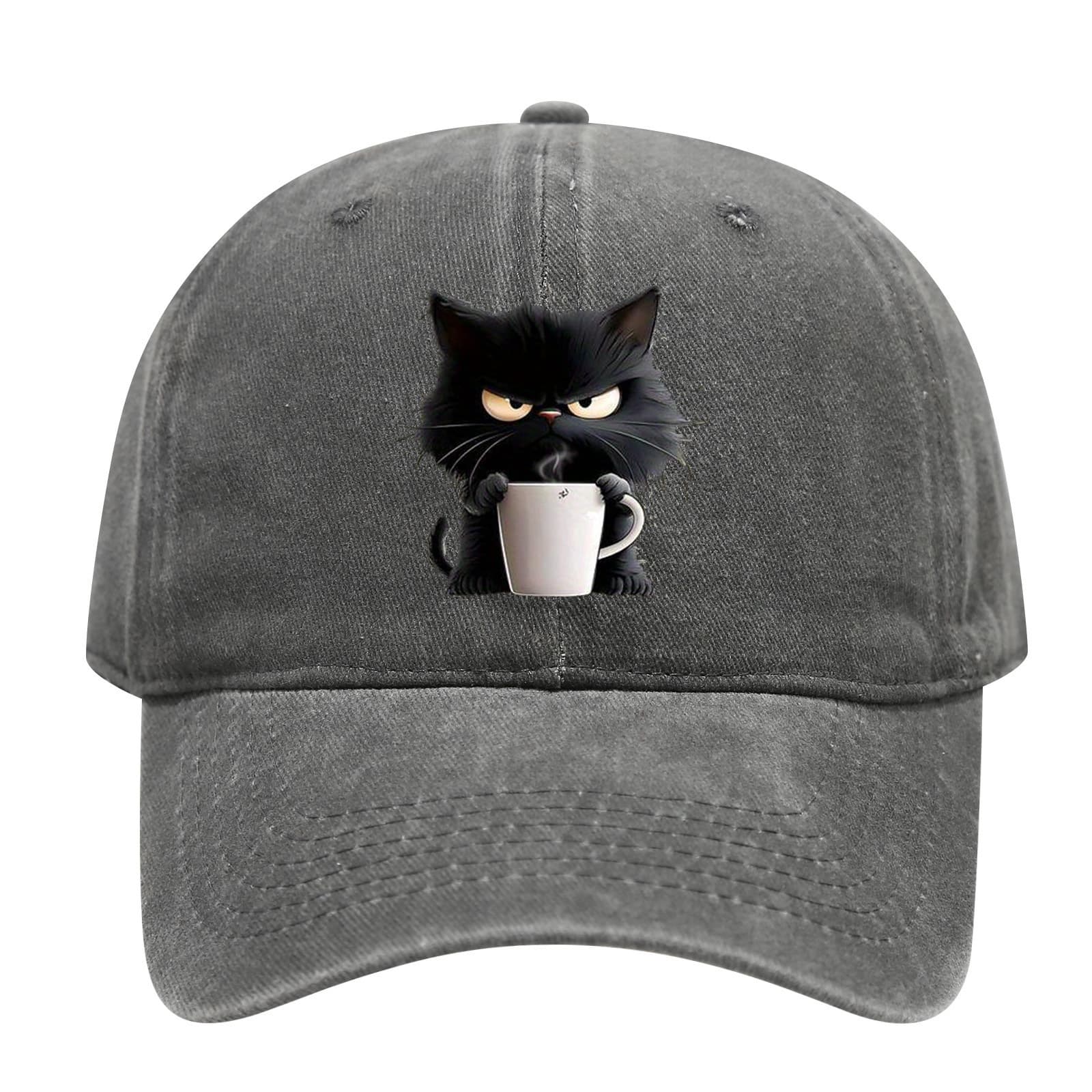 Grey Washed Cotton Baseball Cap with Cat Print - Spring/Summer Casual Adjustable Unisex Couple Sun Hat