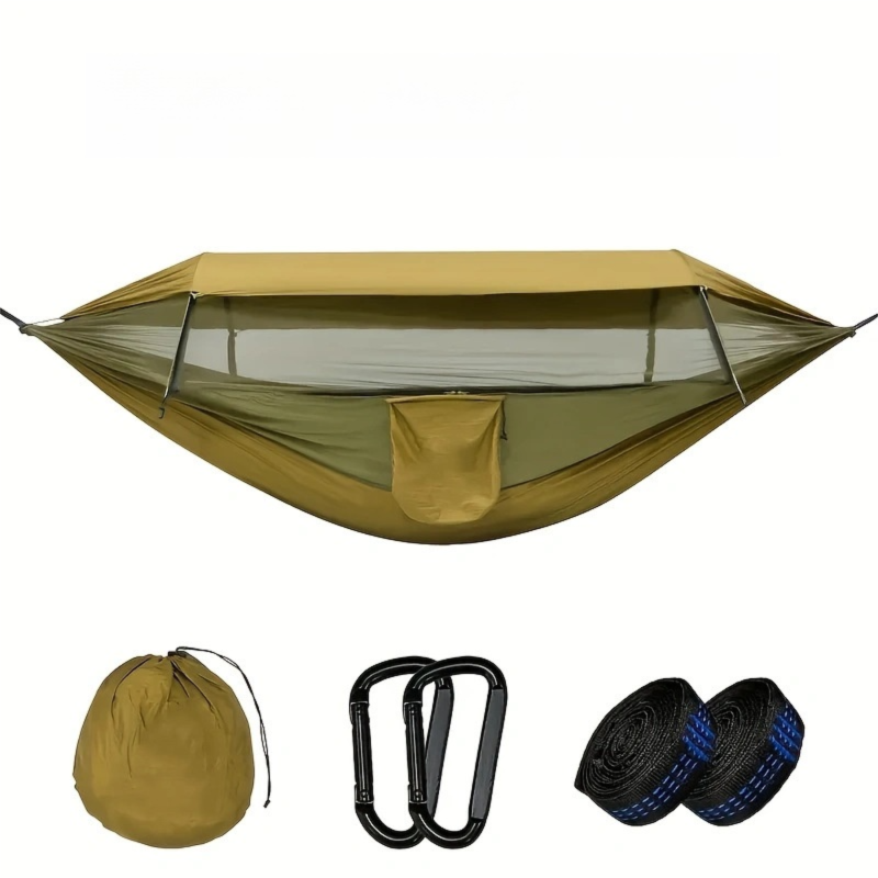 290 x 140CM Professional Nylon Hammock with Integrated Mosquito Net & Sunshade - 2-Person Anti-Rollover Camping Swing with Heavy-Duty Installation Kit (Dark Green)