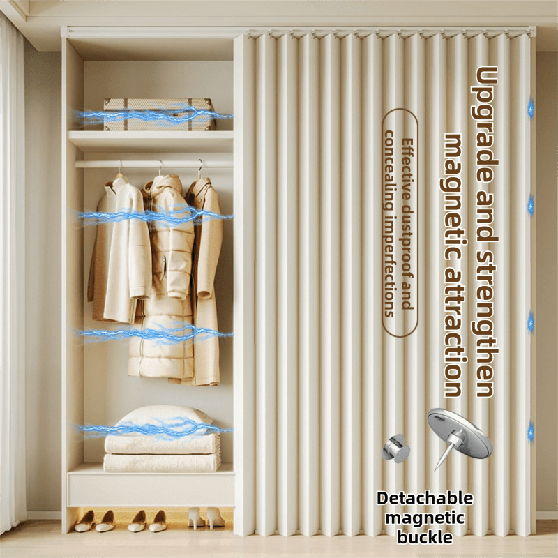 120 X 180 CM White Linen-Look Dust Drill-Free Pull-Curtain - Folding Doorless Closet Divider with Magnetic Closure & Hanging Rings