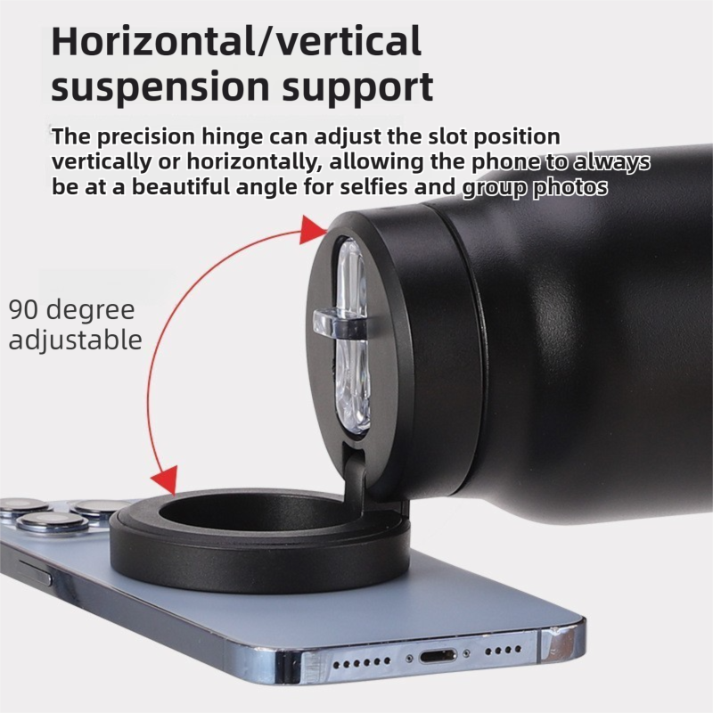 Black 24oz Stainless Steel Insulated Water Bottle With 90° Adjustable Vertical/Horizontal Magnetic Phone Holder - Ringo Style Magnetic Lid Sport Flask