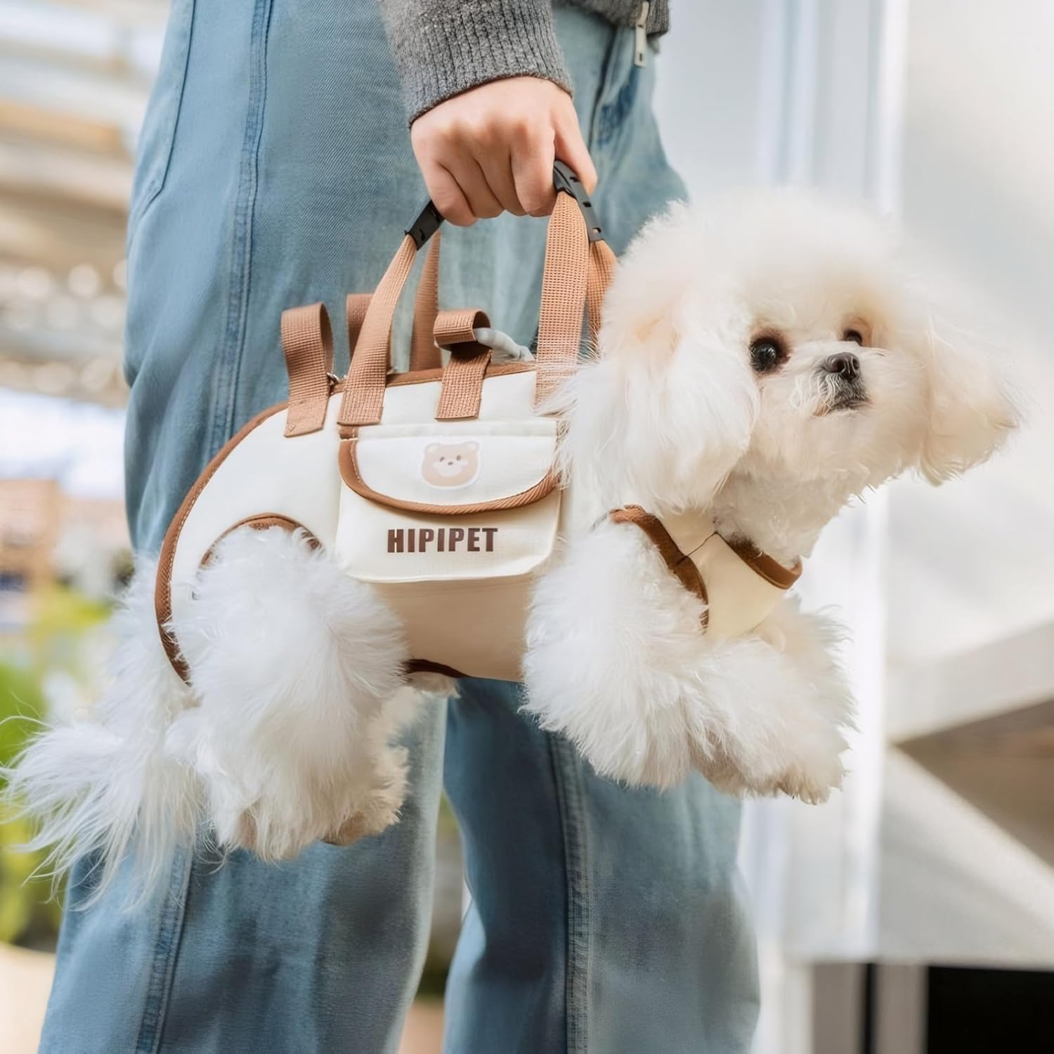 Beige 4-in-1 Multi-Functional Pet Carrier Bag with Detachable Strap & 1.5M Traction Rope - Lightweight Breathable Travel Sling for Cats & Dogs - Sizes XL(Up to 11.5kg)