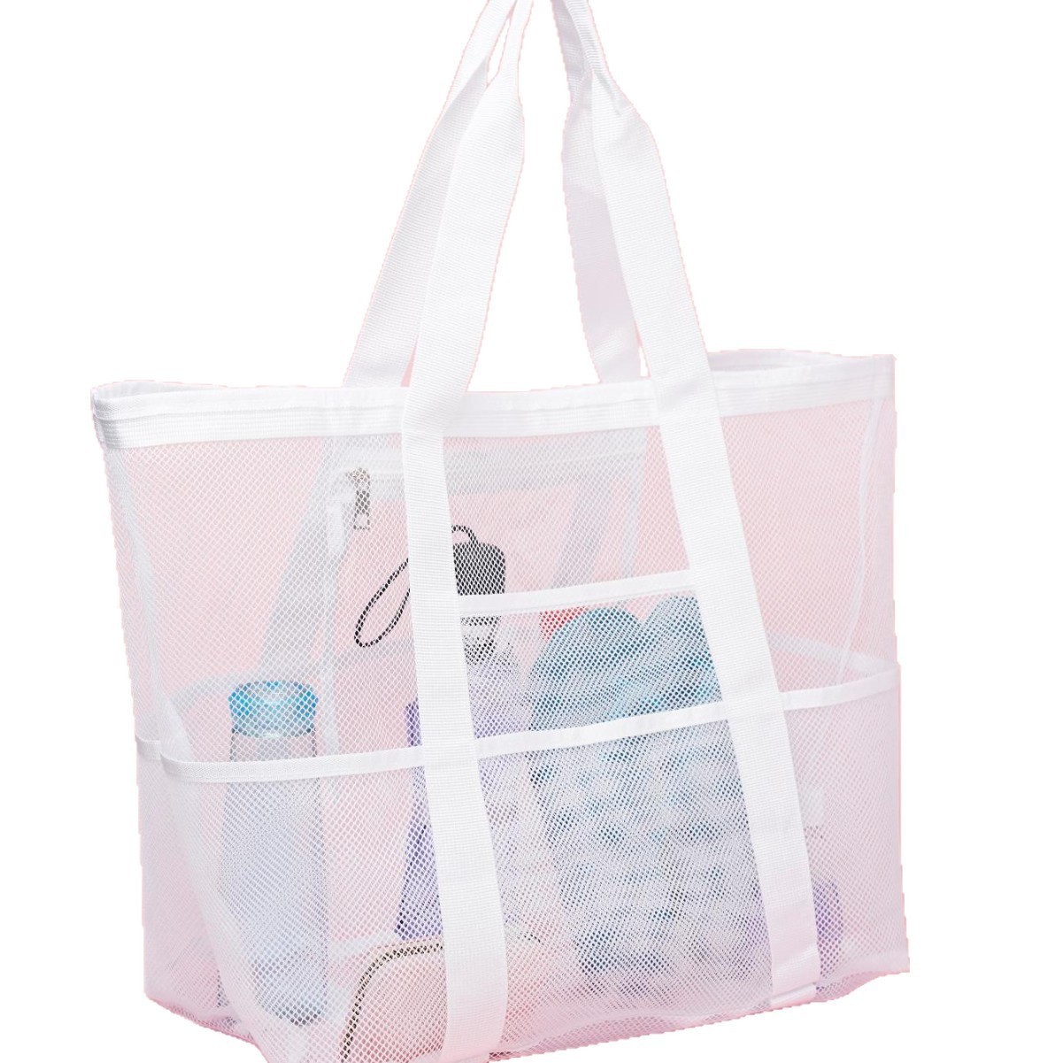 2-PCS White Mesh Beach Tote Bag – Large Capacity Swim Gear Organizer with Multiple Pockets for Shoes, Swimsuits, and Essentials
